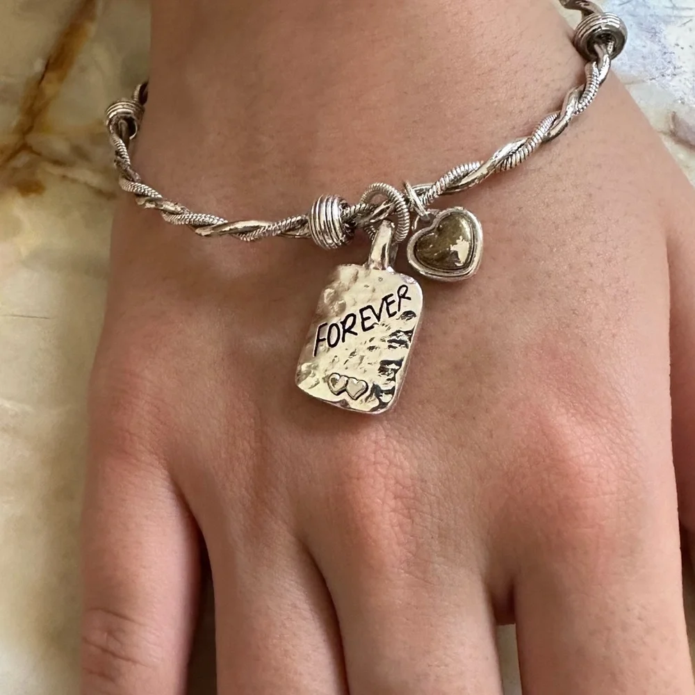 Brighton Silver Twisted Bracelet with Heart and Forever Charms​